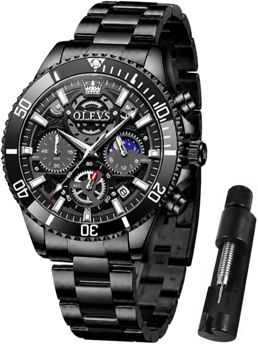 Men's All Black Stainless Steel Waterproof Business Date Dress Wrist Watches
